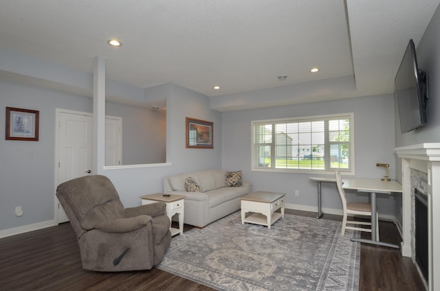 324 Bluebird Dr NW, Isanti, MN 55040 - living area with dark wood-style floors, a fireplace, and recessed lighting