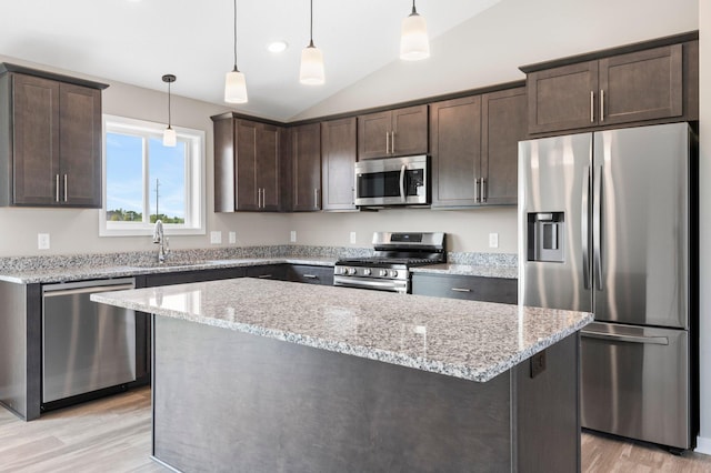 1003 Misty Meadow Blvd, Buffalo, MN 55313 - kitchen featuring stainless steel appliances, a sink, dark brown cabinets, lofted ceiling, and light wood finished floors