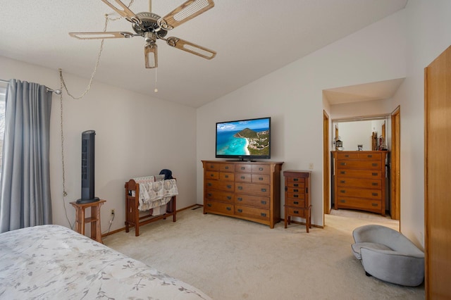 bedroom featuring a ceiling fan, lofted ceiling, light colored carpet, and baseboards