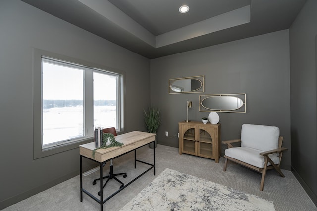 office with a tray ceiling and light colored carpet