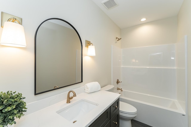 full bath with recessed lighting, bathtub / shower combination, visible vents, toilet, and vanity