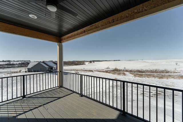 snow covered deck featuring a ceiling fan