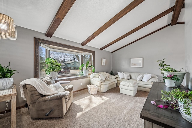 carpeted living room featuring beam ceiling, a textured ceiling, and high vaulted ceiling