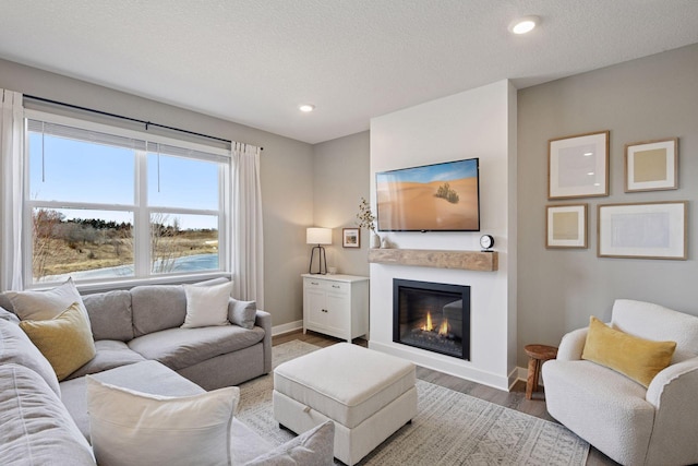 living area with a glass covered fireplace, light wood-style flooring, baseboards, and a textured ceiling