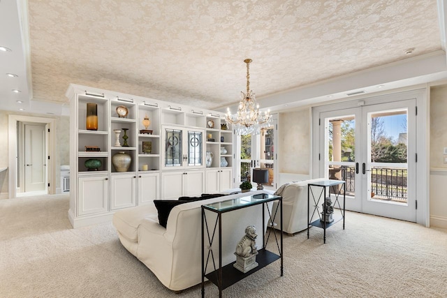 2427 Lake Of The Isles Pkwy, Minneapolis, MN 55405 - living area with light carpet, a chandelier, french doors, recessed lighting, and baseboards