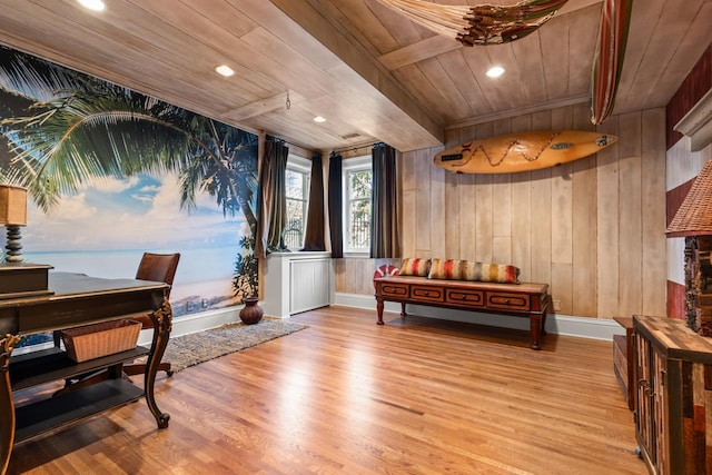 2427 Lake Of The Isles Pkwy, Minneapolis, MN 55405 - living area with wooden ceiling, wooden walls, light wood-style floors, recessed lighting, and beamed ceiling