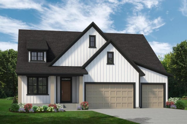 modern farmhouse style home with an attached garage, driveway, a shingled roof, and a front yard