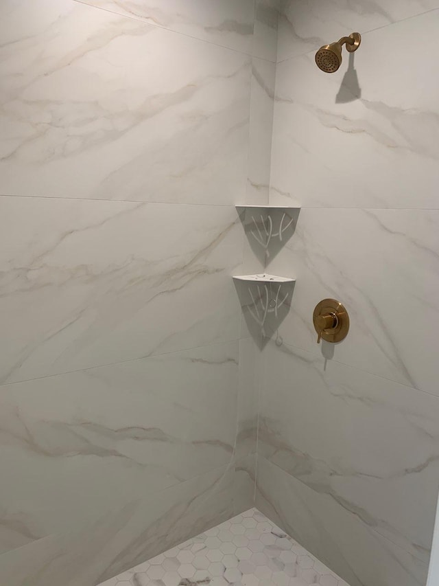 room details featuring a marble finish shower