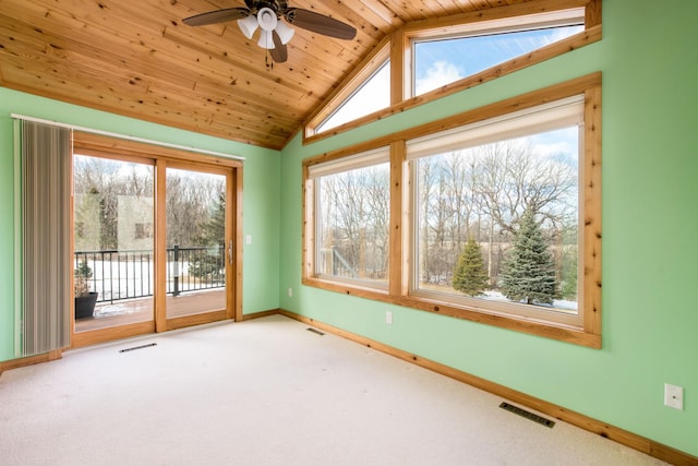 unfurnished sunroom with visible vents, ceiling fan, wooden ceiling, and lofted ceiling