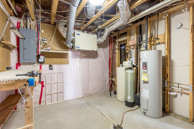 unfinished basement with electric panel and water heater