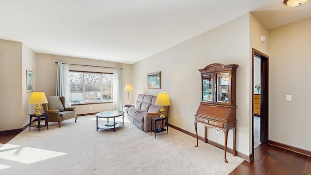 living area with carpet flooring, baseboards, and wood finished floors