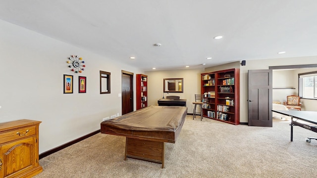 game room with recessed lighting, light colored carpet, pool table, and baseboards