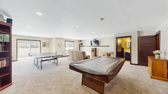 game room featuring billiards, recessed lighting, light colored carpet, and baseboards