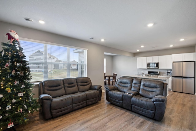 living room featuring baseboards, light wood-type flooring, and recessed lighting