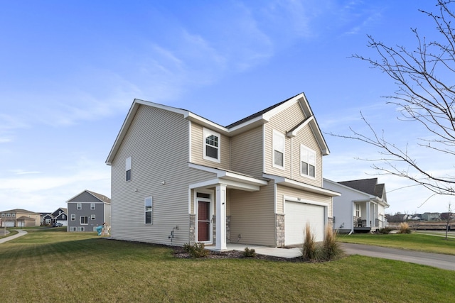 view of front facade featuring driveway, stone siding, a garage, and a front yard