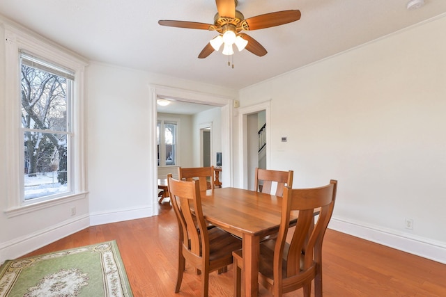 dining room featuring a ceiling fan, wood finished floors, and baseboards