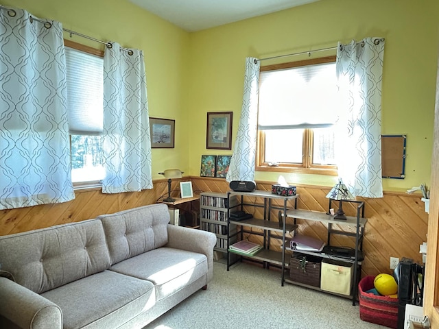 living area featuring wood walls, a wealth of natural light, and wainscoting