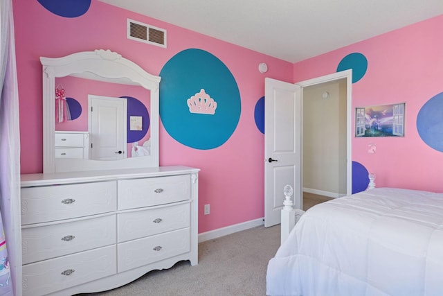 bedroom featuring light colored carpet, baseboards, and visible vents