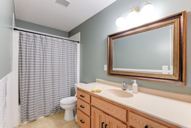 bathroom featuring visible vents, shower / bathtub combination with curtain, toilet, a textured ceiling, and vanity