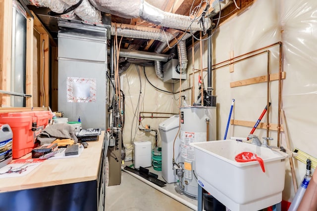 utility room with water heater and a sink