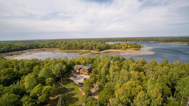 bird's eye view with a water view and a view of trees