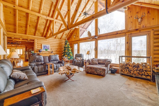 living area with wooden ceiling, ceiling fan, high vaulted ceiling, and beam ceiling