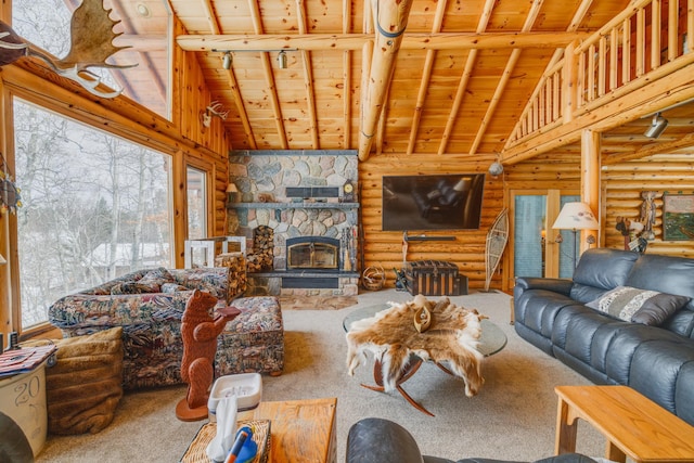 carpeted living area featuring wooden ceiling, high vaulted ceiling, beam ceiling, and a stone fireplace