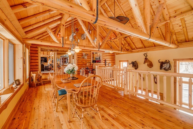 dining area featuring high vaulted ceiling, hardwood / wood-style floors, beamed ceiling, and wood ceiling