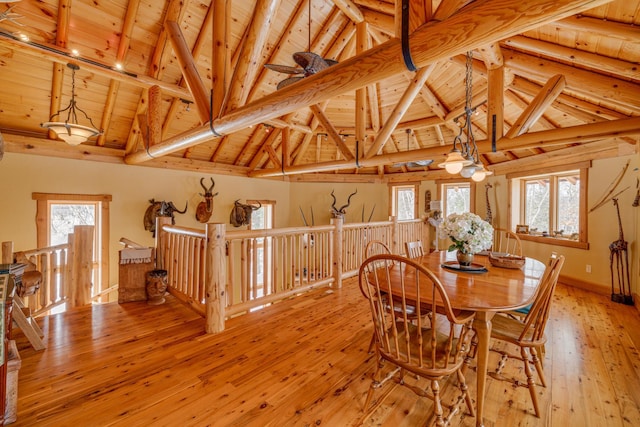 dining area featuring a healthy amount of sunlight, hardwood / wood-style flooring, and wood ceiling