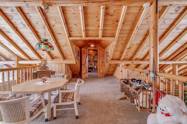 interior space featuring light carpet, vaulted ceiling, and wood ceiling