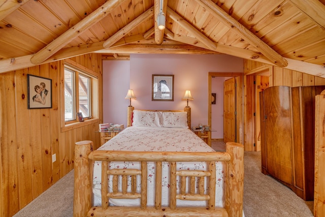 bedroom with vaulted ceiling with beams, wooden walls, wooden ceiling, and light colored carpet