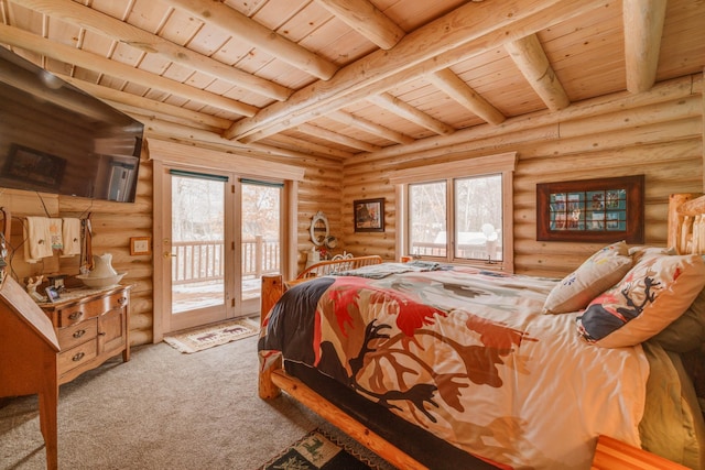 bedroom with wood ceiling, access to outside, rustic walls, and beam ceiling