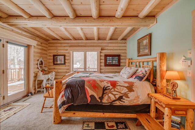 bedroom featuring light colored carpet, wood ceiling, multiple windows, and beamed ceiling