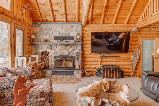 carpeted living area with wood ceiling, visible vents, a stone fireplace, and lofted ceiling with beams