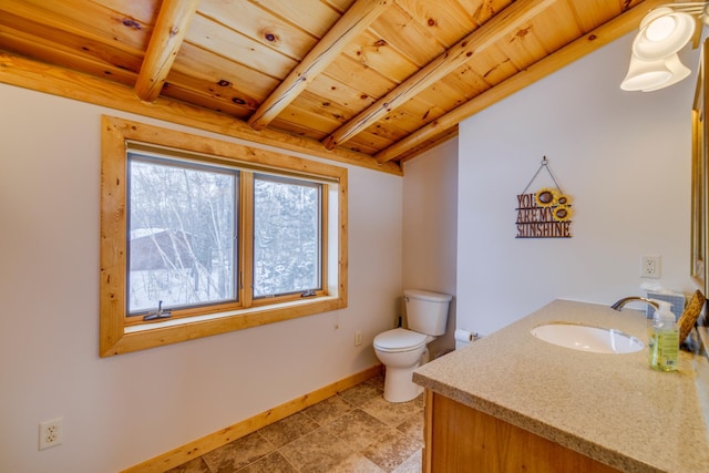 bathroom featuring toilet, vanity, wood ceiling, baseboards, and beam ceiling