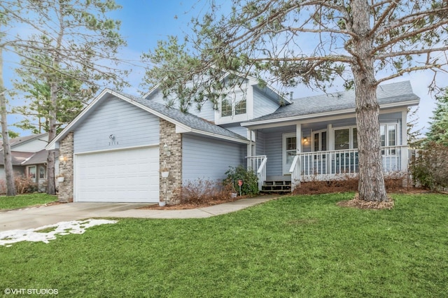 view of front of property featuring driveway, covered porch, roof with shingles, a front yard, and an attached garage