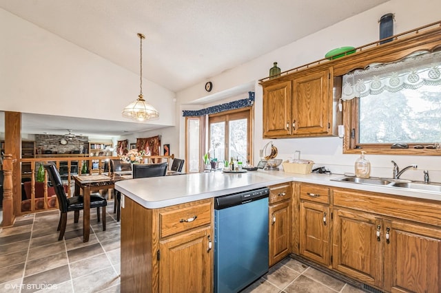 kitchen with light countertops, dishwashing machine, a peninsula, brown cabinetry, and a sink