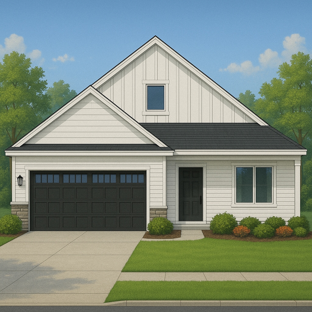 modern inspired farmhouse with board and batten siding, driveway, a front yard, and stone siding