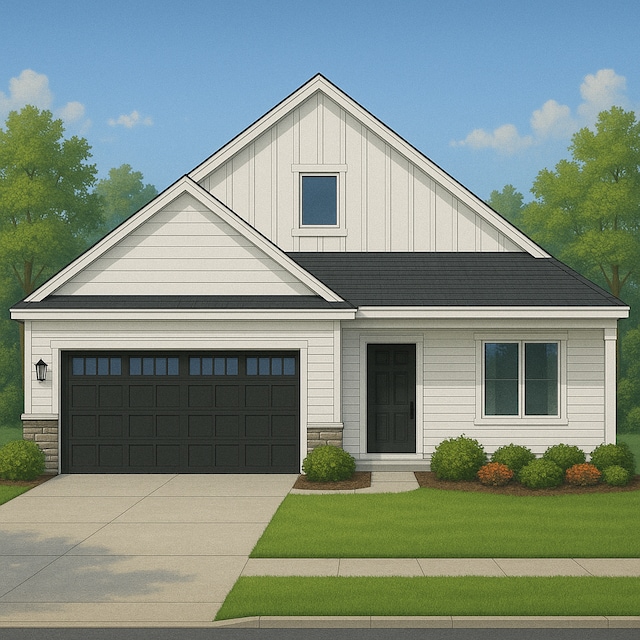 modern inspired farmhouse with board and batten siding, driveway, a front yard, and stone siding