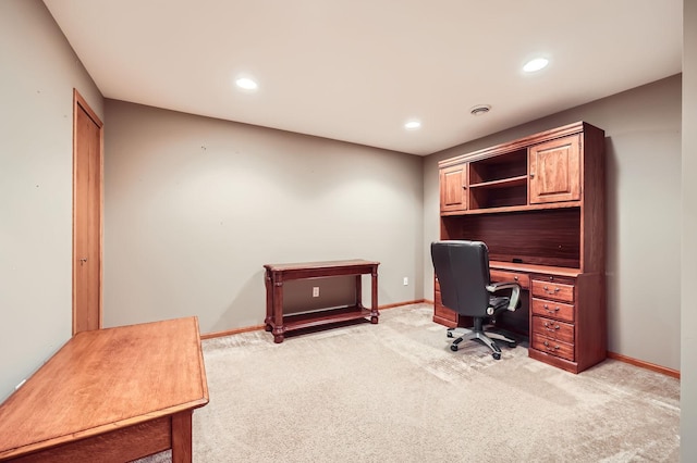 office area featuring recessed lighting, baseboards, and light colored carpet