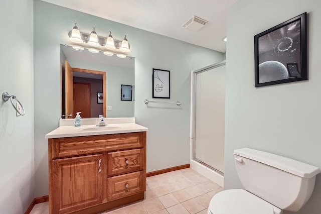 full bathroom with visible vents, vanity, toilet, and a shower stall