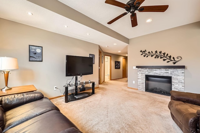 living room featuring recessed lighting, carpet floors, and ceiling fan