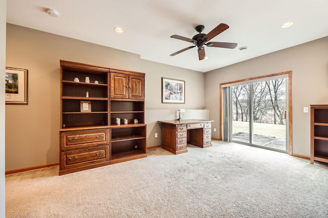 office featuring light carpet, recessed lighting, baseboards, and a ceiling fan