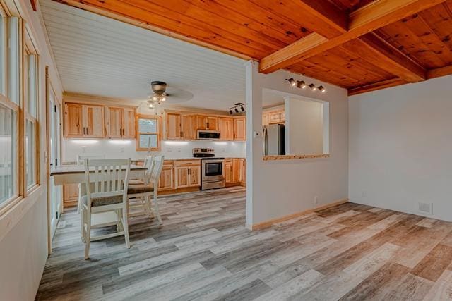 kitchen with light brown cabinets, light wood-style flooring, wood ceiling, appliances with stainless steel finishes, and beamed ceiling