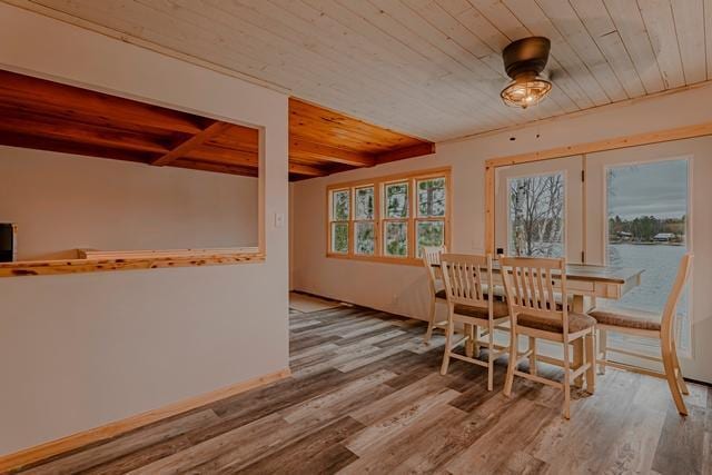 dining room featuring wooden ceiling, beamed ceiling, wood finished floors, and a water view