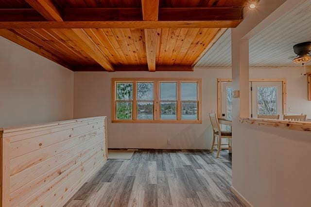 interior space with wooden ceiling, beamed ceiling, and wood finished floors