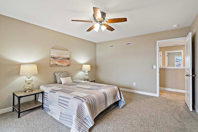 bedroom with baseboards, a ceiling fan, and carpet flooring