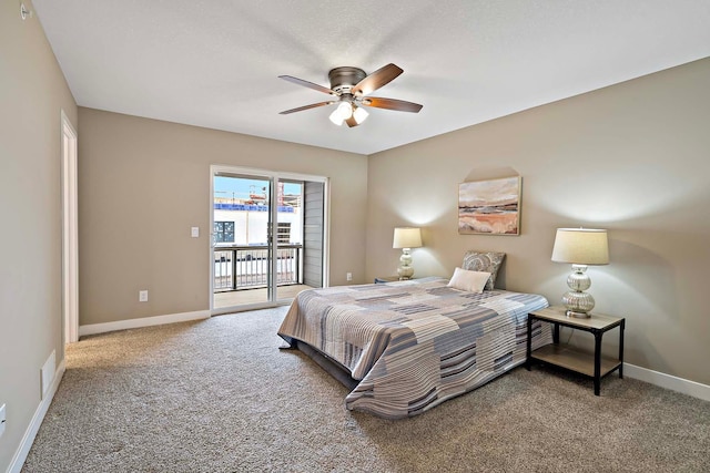bedroom with a ceiling fan, carpet, baseboards, access to outside, and visible vents