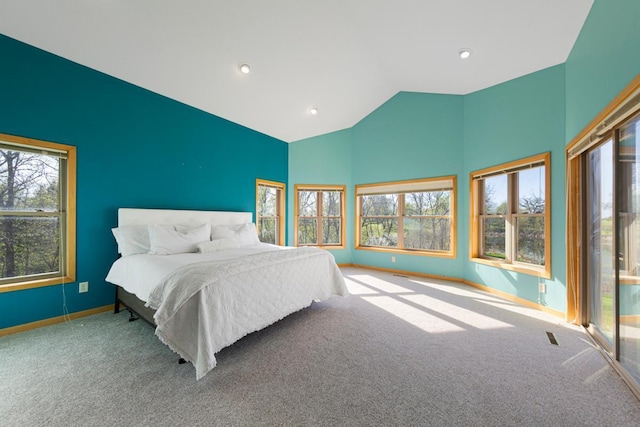 bedroom featuring carpet, multiple windows, baseboards, high vaulted ceiling, and recessed lighting