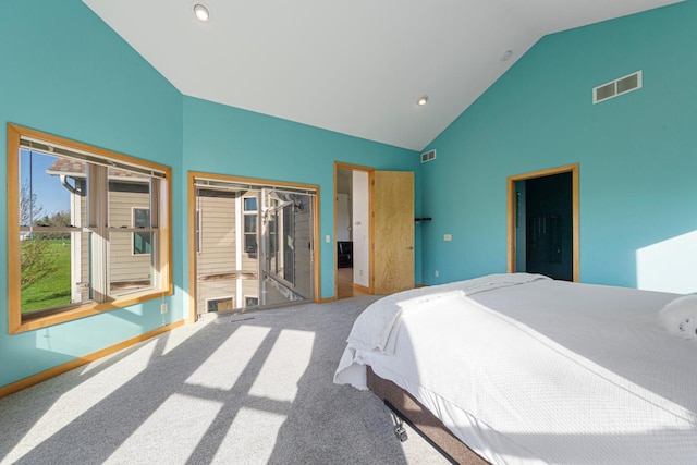 carpeted bedroom with recessed lighting, a closet, high vaulted ceiling, and baseboards